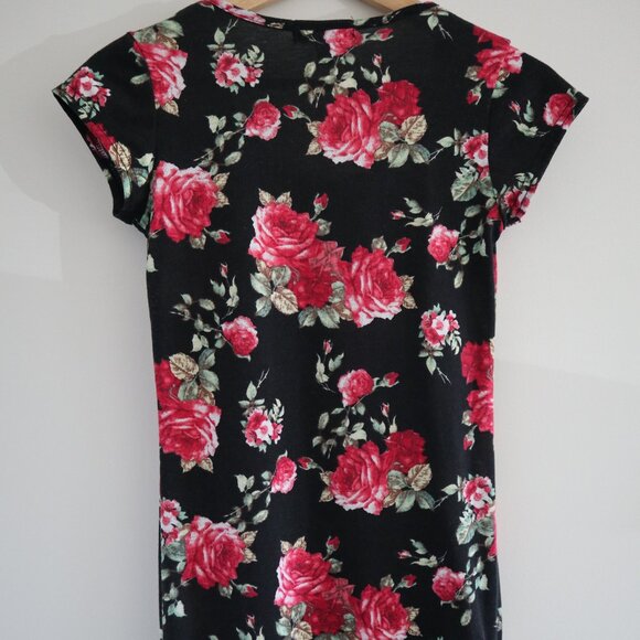Roses floral bodycon maxi dress, XS - romantic feminine flattering scoop neck - Picture 3 of 4